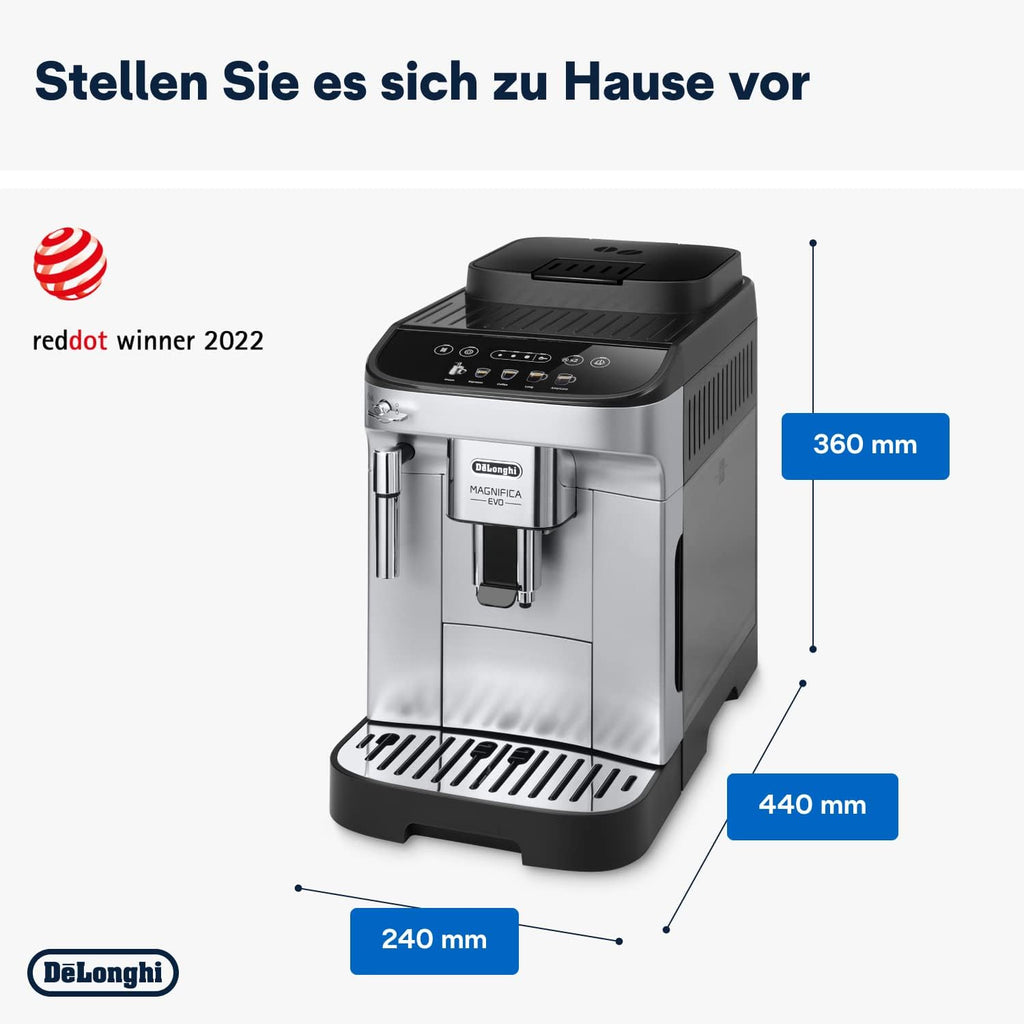 De'Longhi Magnifica Evo ECAM 292.33.SB volautomatische espressomachine met melkopschuimmondstuk, 5 directe keuzeknoppen voor espresso, koffie en koffiespecialiteiten, intuïtief bedieningspaneel, 2-kopsfunctie, zilver/zwart
