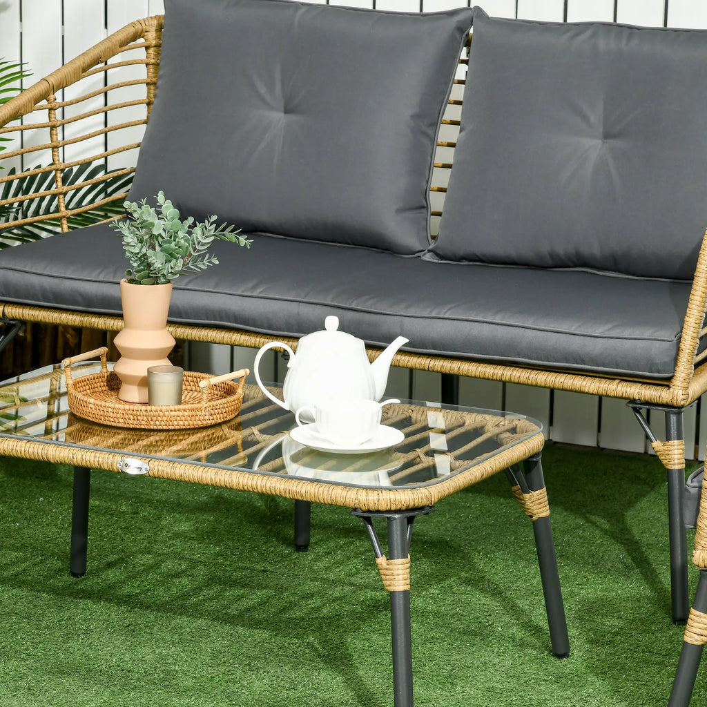 Outsunny Polyrattan Tuinbankset 4-delig. Boho-stijl Glazen Salontafel