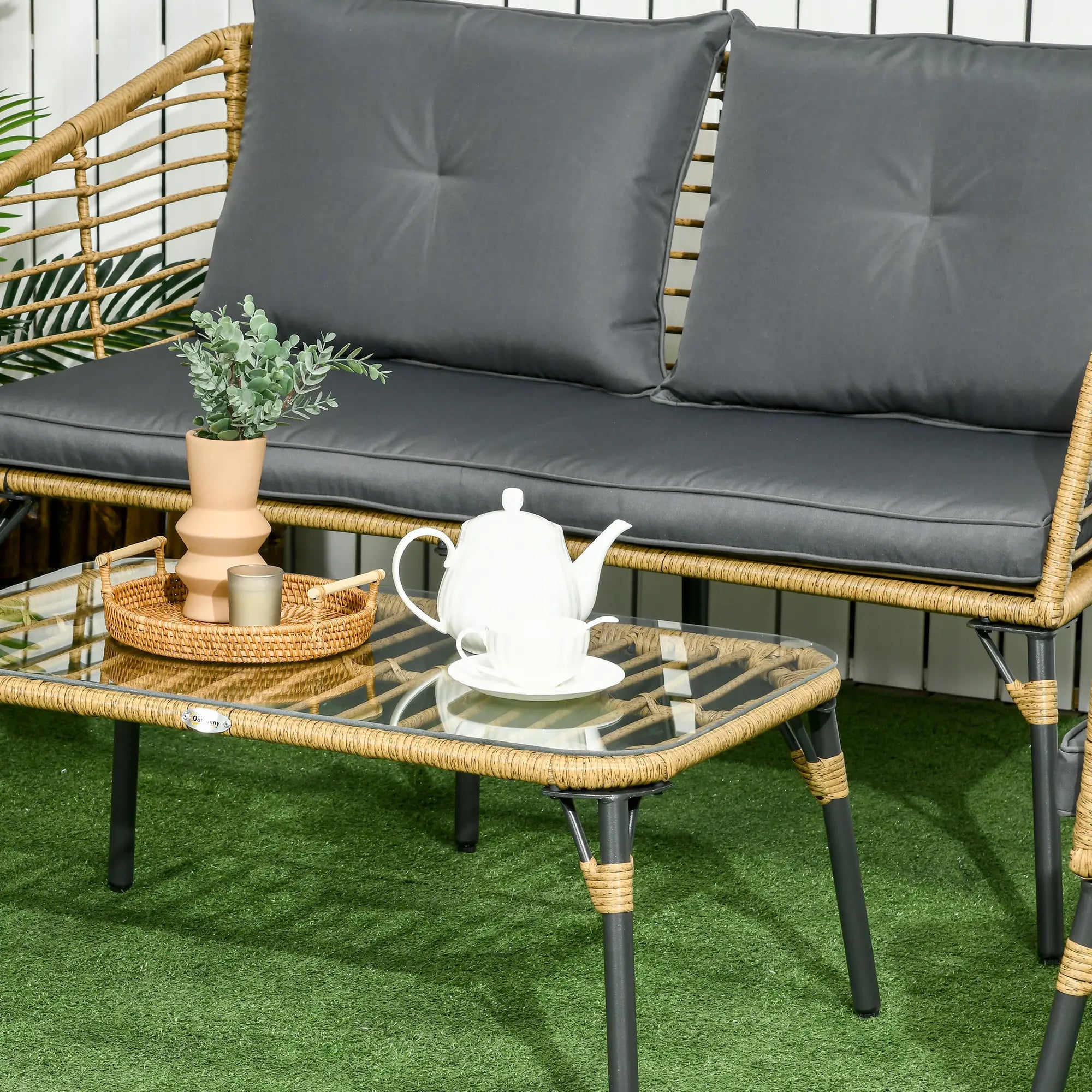 Outsunny Polyrattan Tuinbankset 4-delig. Boho-stijl Glazen Salontafel