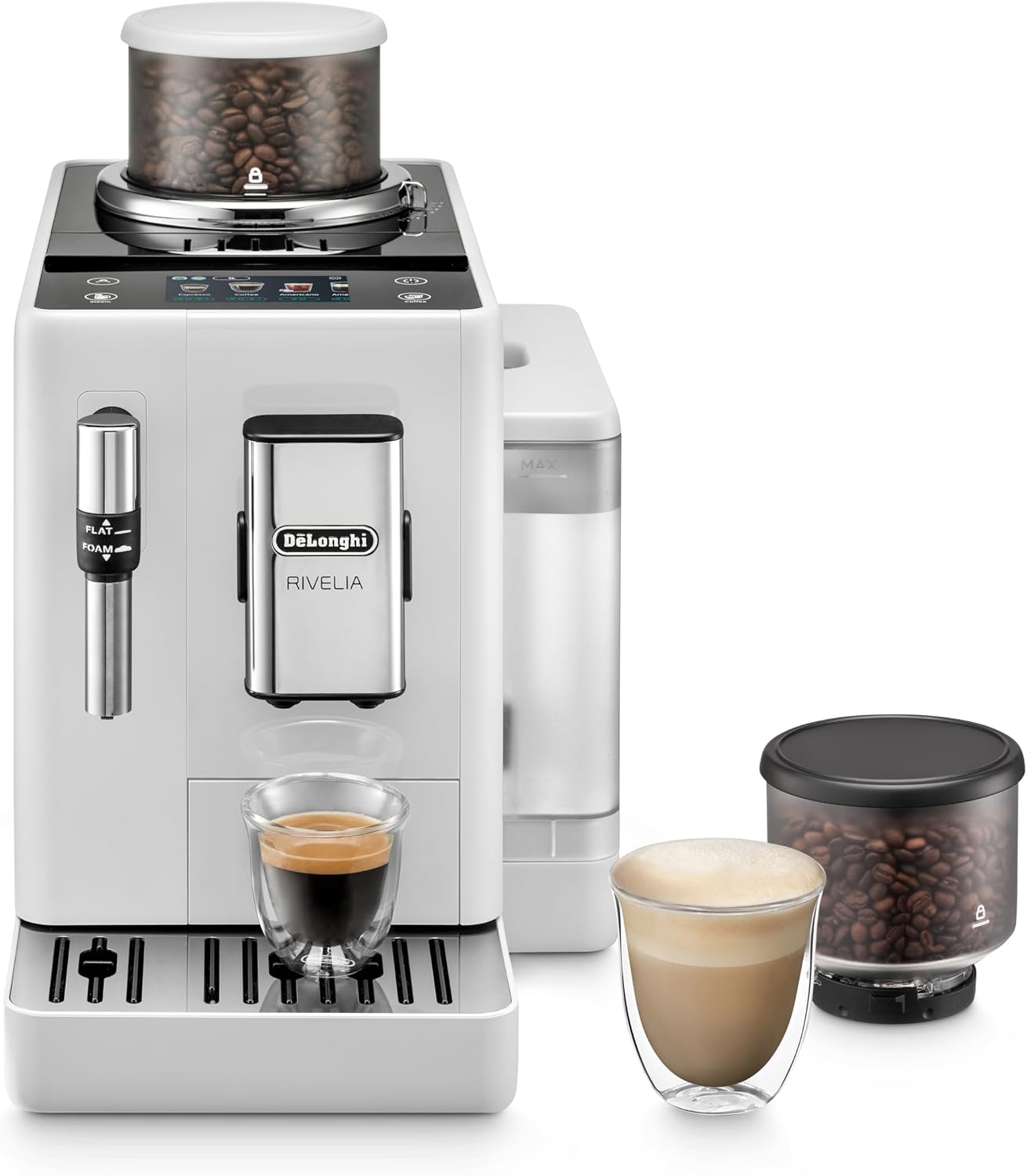 De'Longhi Rivelia EXAM440.55.W volautomatische espressomachine met LatteCrema-melksysteem, verwisselbaar bonenreservoir, 16 koffie- en melkdranken met één druk op de knop, Extra-Shot-functie, 3,5 inch touchscreen, wit