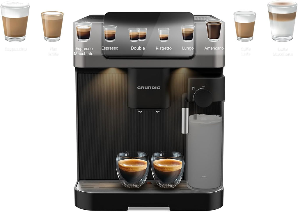 GRUNDIG KVA 7230 volautomatische koffiemachine, 10 koffiespecialiteiten, 13 maalfijnheden, melkreservoir, krachtig 1350 W, 19 bar pompdruk, dubbele uitloop, verlichting, Zwart/Donkerzilver