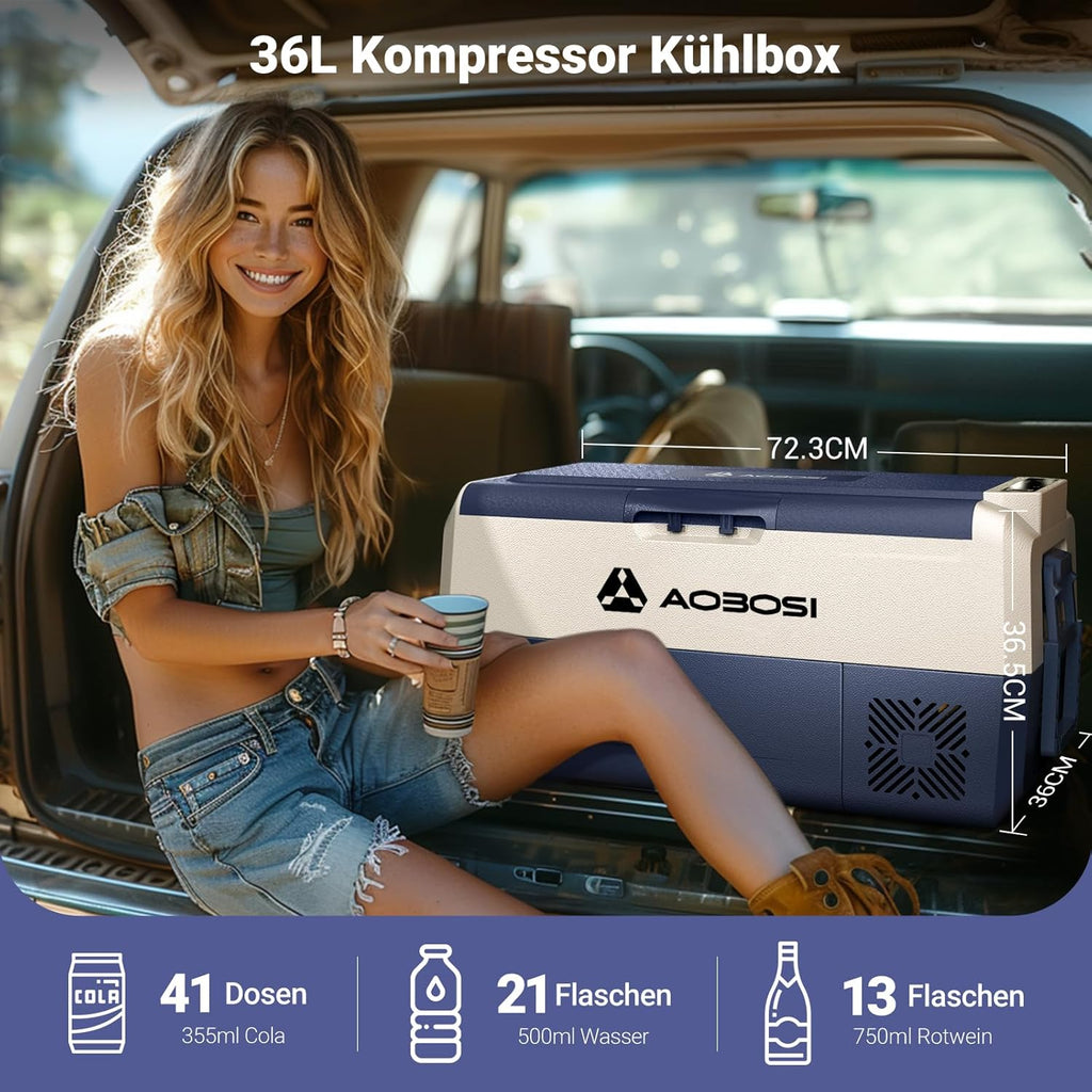 AAOBOSI Compressor Koelbox 36 L, Koelbox Auto met Wifi App Besturing, 12/24 V en 100-240 V Elektrische Koelbox, tot -20 °C voor Auto, Vrachtwagen, Boot, Camper, Camping, Dubbele Zone
