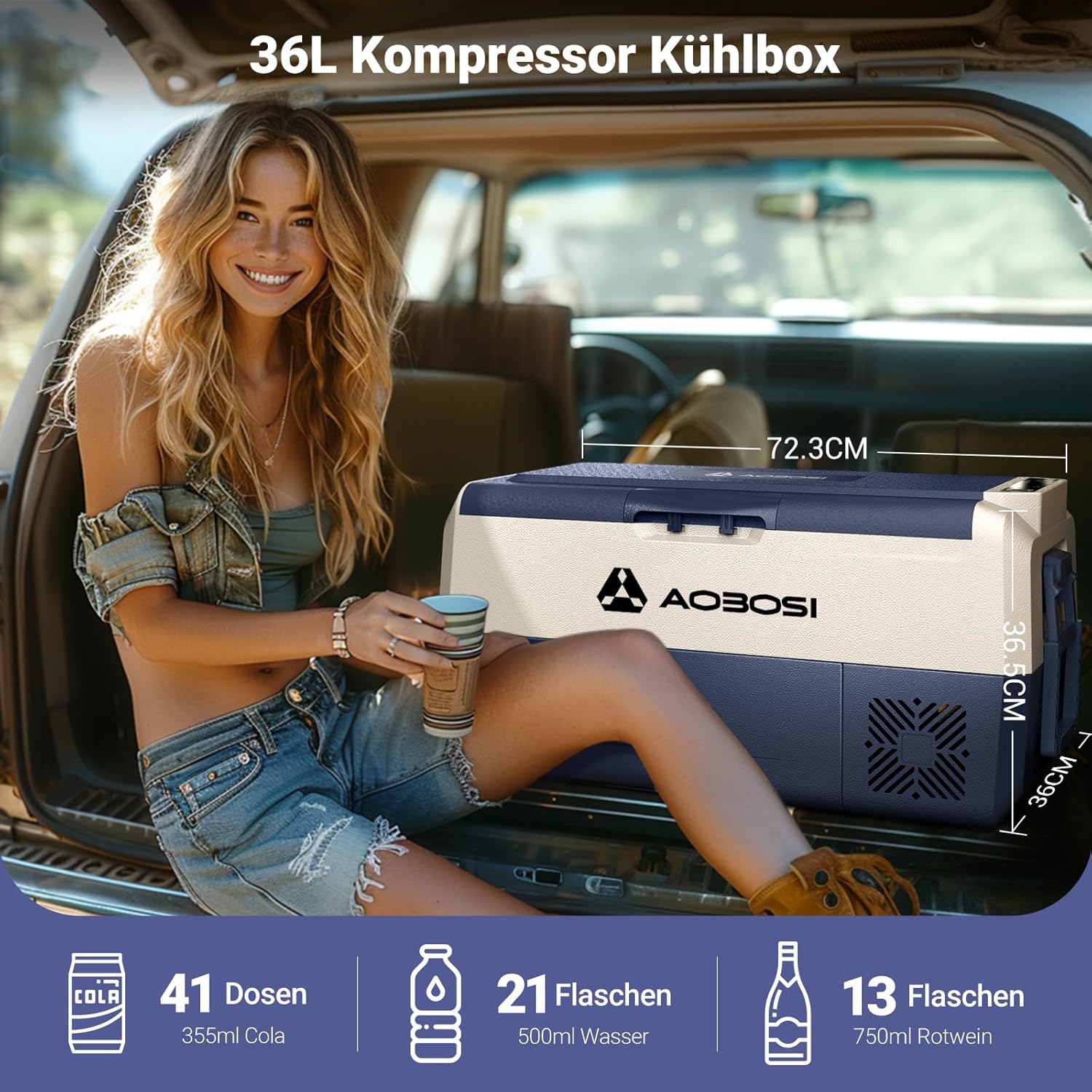 AAOBOSI Compressor Koelbox 36 L, Koelbox Auto met Wifi App Besturing, 12/24 V en 100-240 V Elektrische Koelbox, tot -20 °C voor Auto, Vrachtwagen, Boot, Camper, Camping, Dubbele Zone