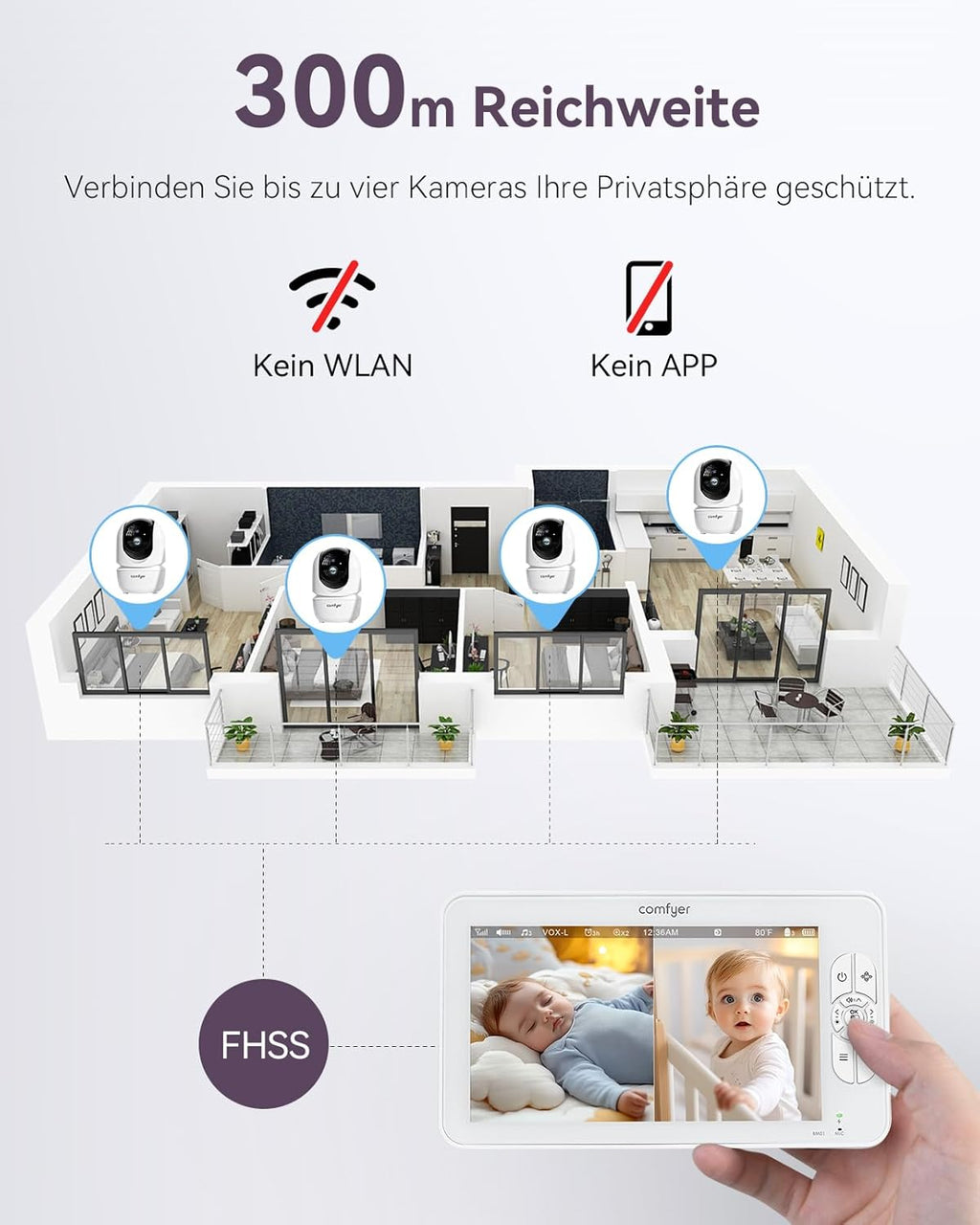 Comfyer Split-Screen Babyfoon met 2 Camera's, 7" HD 720P Videobabyfoon zonder wifi met Beugel, IR-Nachtzicht Groothoeklens Vox-modus 2-Weg Audio 292m Bereik Video Surveillance Apparaten
