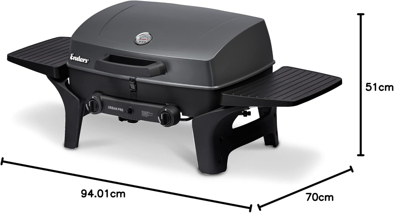 Enders Gasbarbecue Urban II Pro, tafelbarbecue, grill-, kook- en bakfunctie, 2 branders RVS, met grillthermometer, balkon-, campingbarbecue, gegoten aluminium behuizing, gietijzeren rooster, #2062