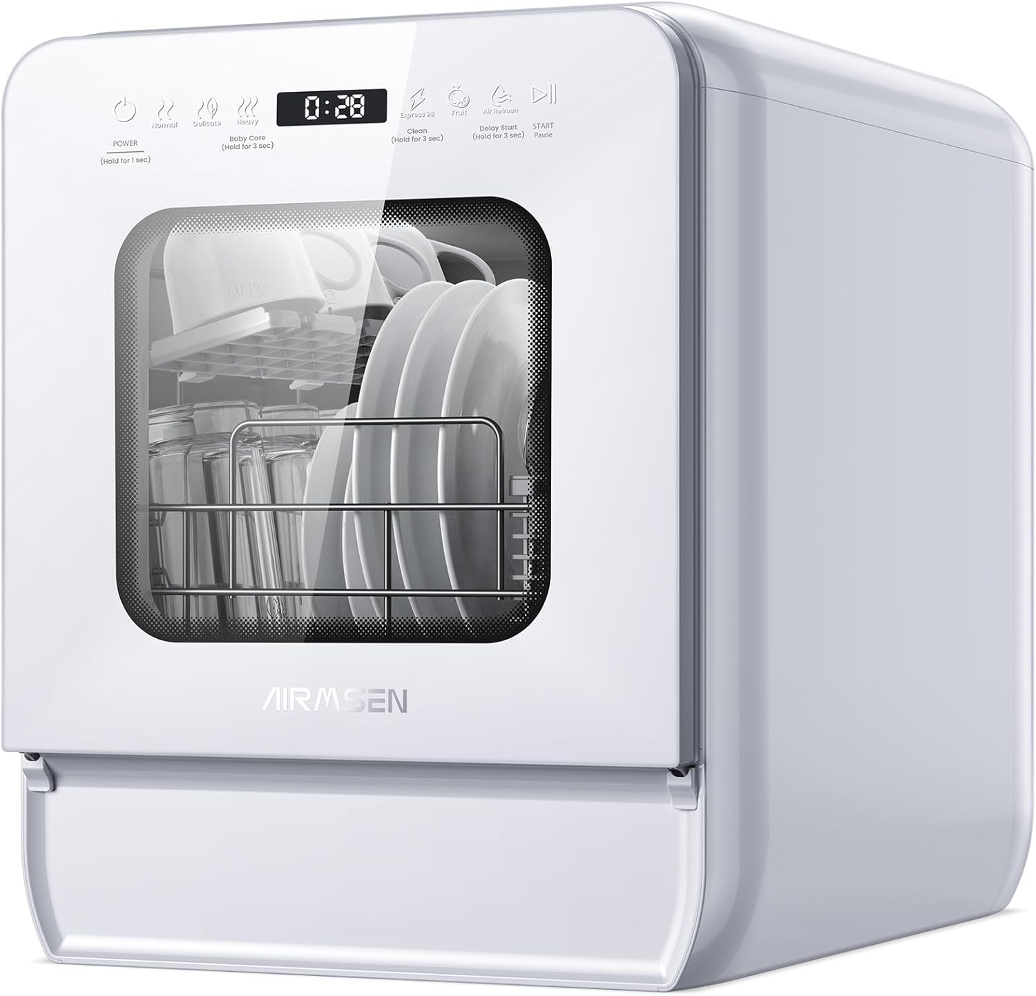 AIRMSEN Tafelvaatwasser, minivaatwasser met watertank, vaatwasser met 9 programma's, 37 x 50 cm, ultrasmal & diep, 1-24 uur timer, 360° dubbele sproeifunctie, slang/slangloos, wit (wit)