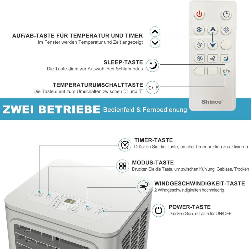 SHINCO Mobiele airconditioning met luchtafvoerslang, 9000 BTU, 2,6 kW, Koelen&Ventileren&Ontvochtigen, Mobiel airco-apparaat met slaapstand, Ruimte tot 22㎡, 24-uurs timer