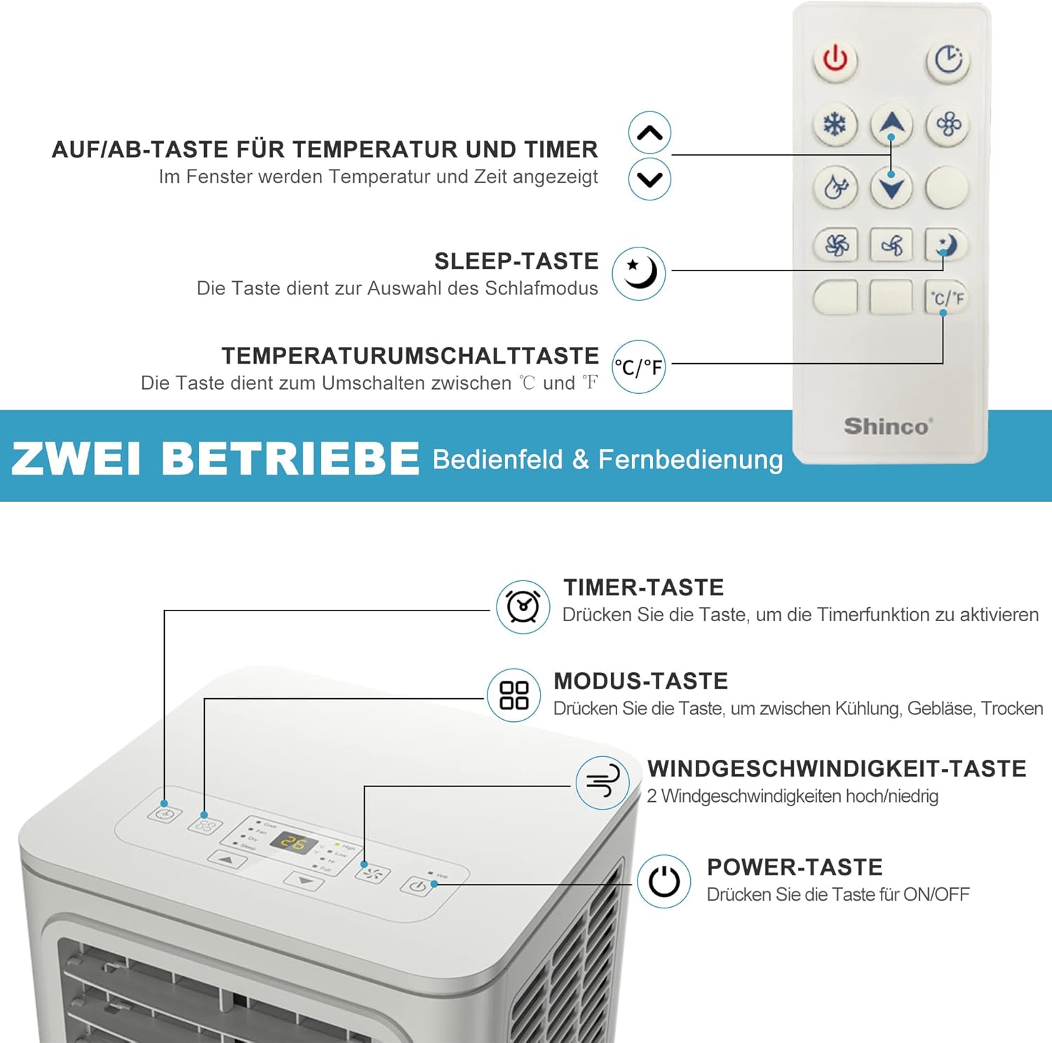SHINCO Mobiele airconditioning met luchtafvoerslang, 9000 BTU, 2,6 kW, Koelen&Ventileren&Ontvochtigen, Mobiel airco-apparaat met slaapstand, Ruimte tot 22㎡, 24-uurs timer