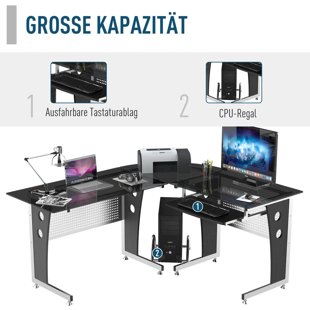 HOMCOM Hoekbureau L-vorm met Toetsenbordlade & PC-toren-houder