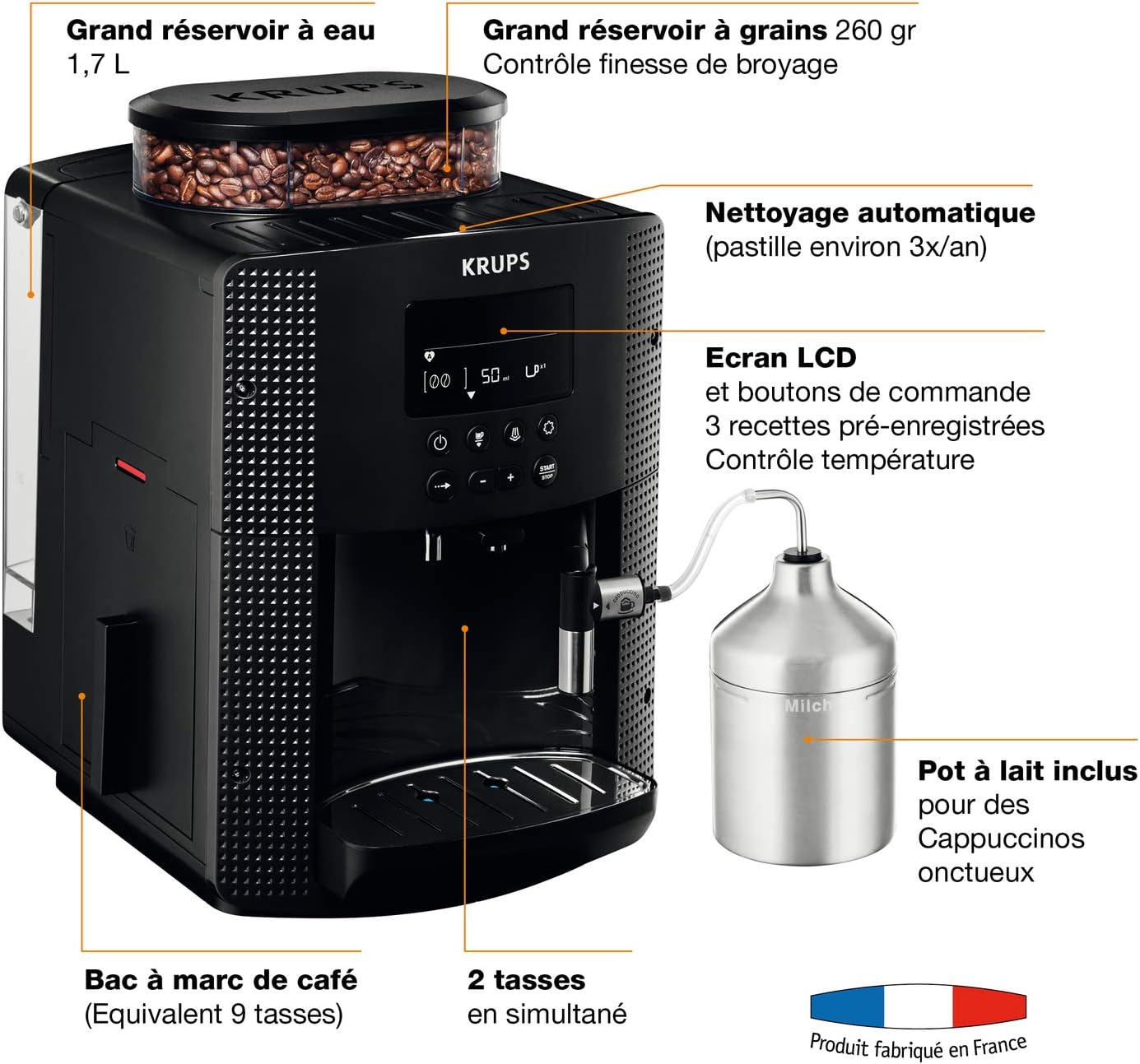 Krups Essential volautomatische espressomachine met melkslang, 2-kopsfunctie, LCD-display, eenvoudige reiniging, koffiezetapparaat, TÜV-keurmerk, zwart, EA816031