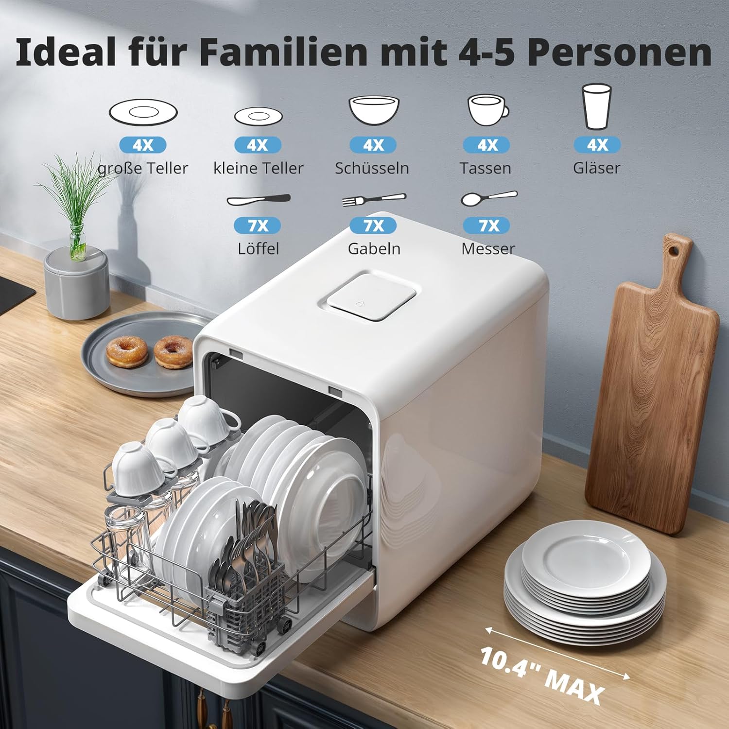 AIRMSEN Tafelvaatwasser, minivaatwasser met watertank, vaatwasser met 9 programma's, 37 x 50 cm, ultrasmal & diep, 1-24 uur timer, 360° dubbele sproeifunctie, slang/slangloos, wit (wit)