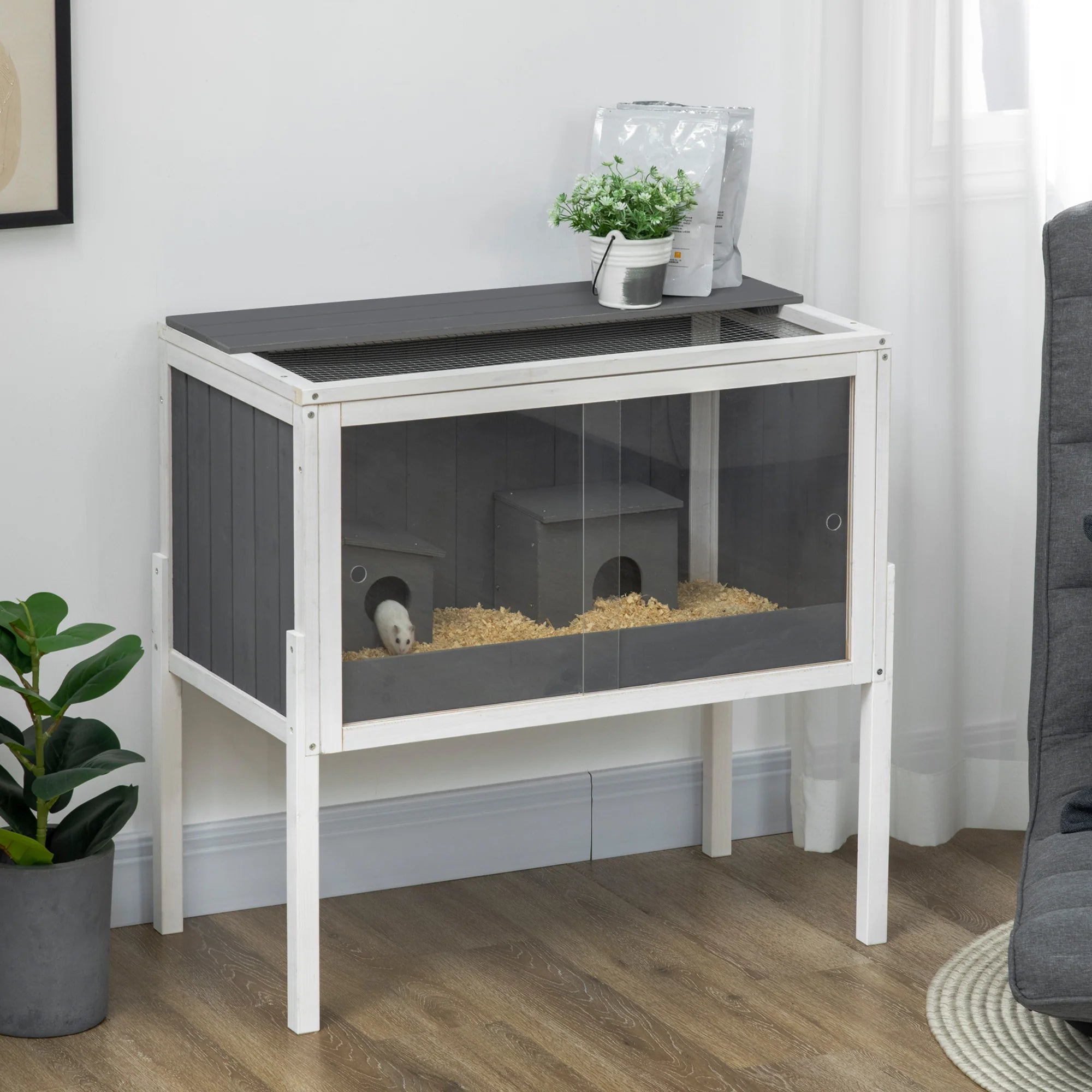PawHut Dwerghamsterkooi met plank en plexiglas schuifdeuren Hout