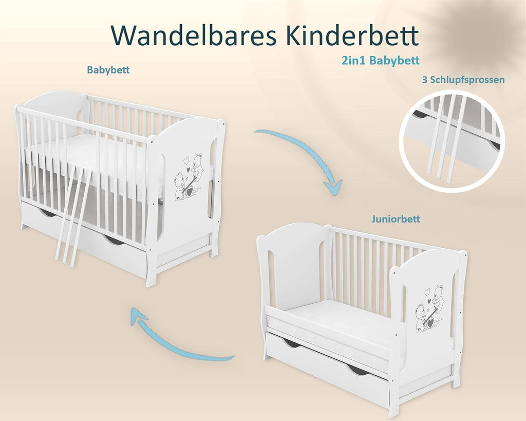 Baby Delux Babybed 60x120 wit Kinderbed ombouwbaar naar juniorbed Lade Matras Teddy Wip Motief