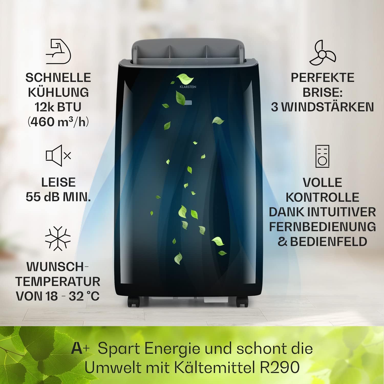 Klarstein Mobiele Airconditioner met Afvoerslang, 4-in-1 Airco, Ventilator, Luchtontvochtiger & Nachtmodus, Kleine & Draagbare Airco voor Thuis & Kantoor, Laag Verbruik, 14000BTU