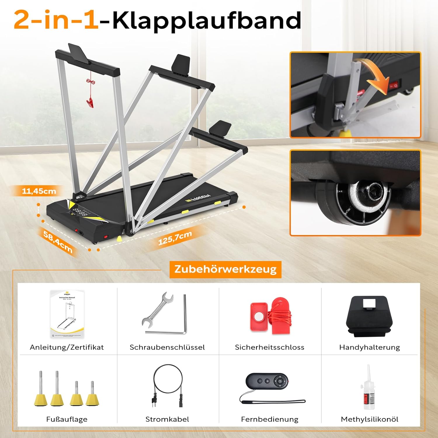 Freepi 4-in-1 Loopband voor Thuis met Helling 1-6 km/u 2.5 pk Motor met Afstandsbediening, Loopband Pad Bureaufiets Draagbaar Thuisfitnessapparaat
