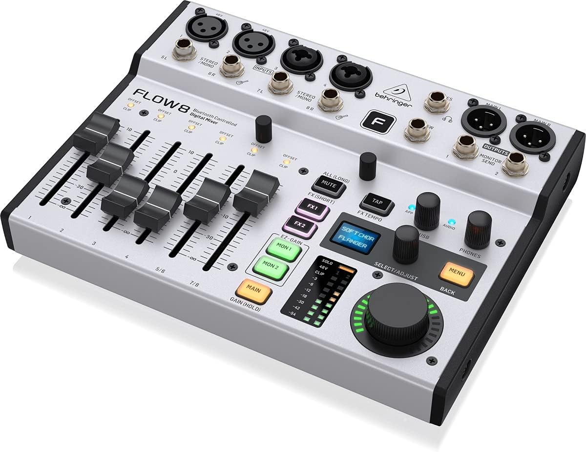 Behringer FLOW 8 digitale mixer met 8 ingangen en Bluetooth-audio en app-bediening, faders van 60 mm, 2 FX-processors en USB/audio-interface