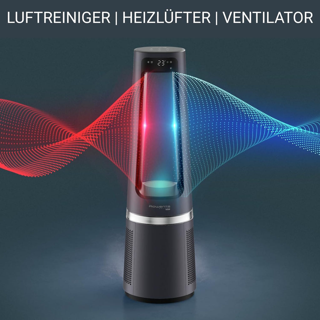 Rowenta QU5062 Eclipse 3in1 Luchtreiniger, ventilator, kachel, filtert 99,9% van de deeltjes, voor kamers tot 30 m2, snelle verwarming tot 35°C, automatische dag- en nachtmodus, zwart/grijs