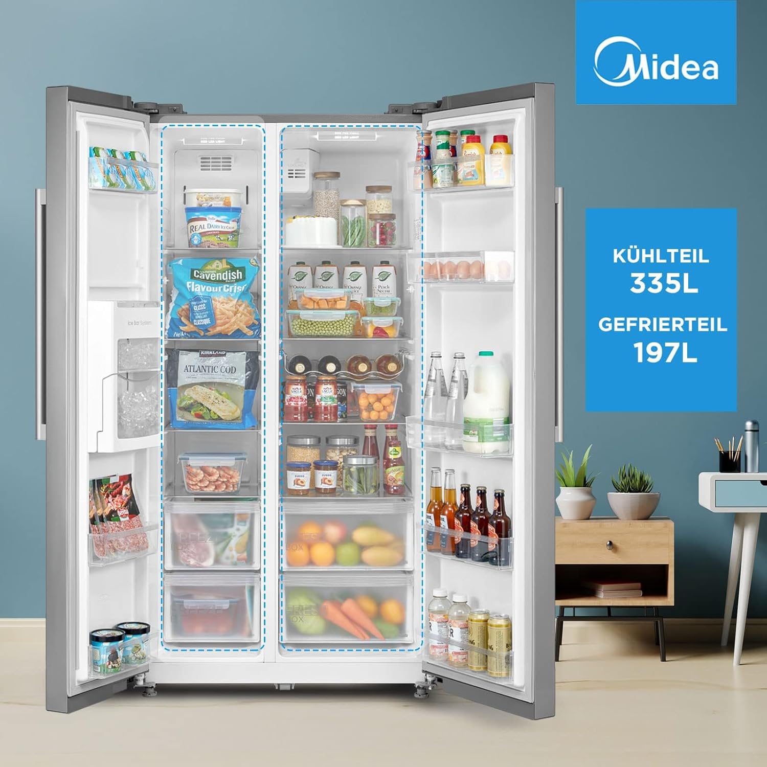 Midea KS-DDX 6.32 WT Amerikaanse koelkast/178,8 cm hoogte/254 kWh/jaar/No Frost/Dual Inverter Compressor/met 3-in-1 water-/ijsdispenser en watertank, Dark Inox