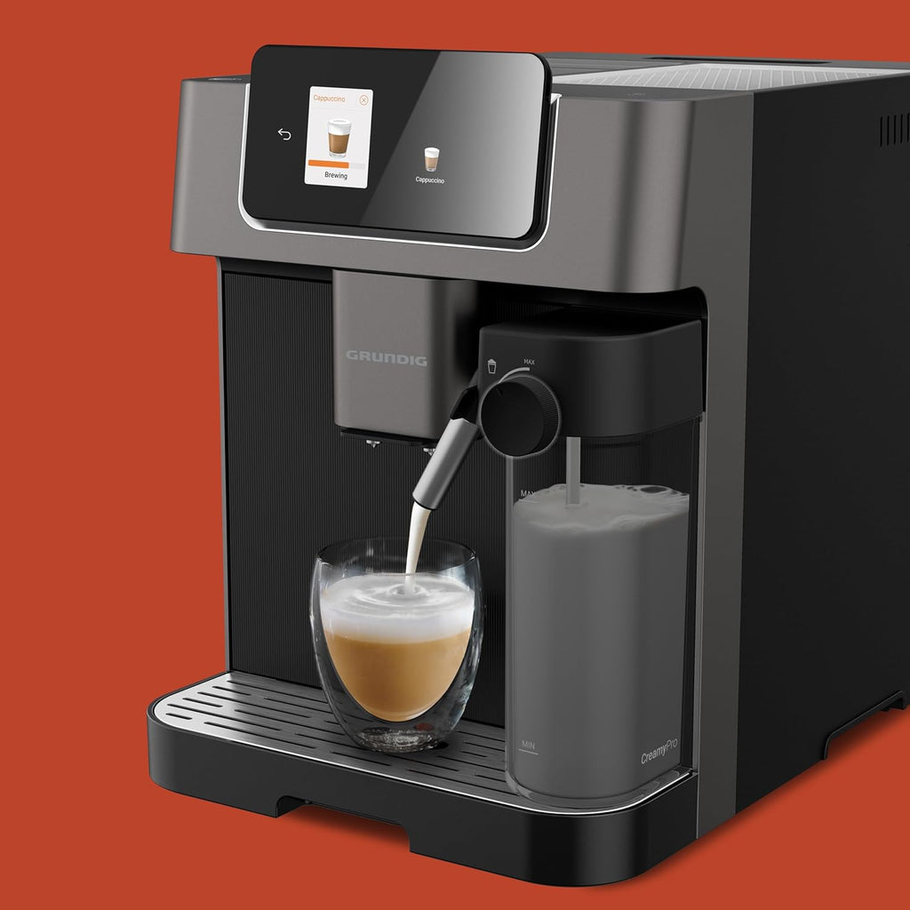 GRUNDIG KVA 7230 volautomatische koffiemachine, 10 koffiespecialiteiten, 13 maalfijnheden, melkreservoir, krachtig 1350 W, 19 bar pompdruk, dubbele uitloop, verlichting, Zwart/Donkerzilver