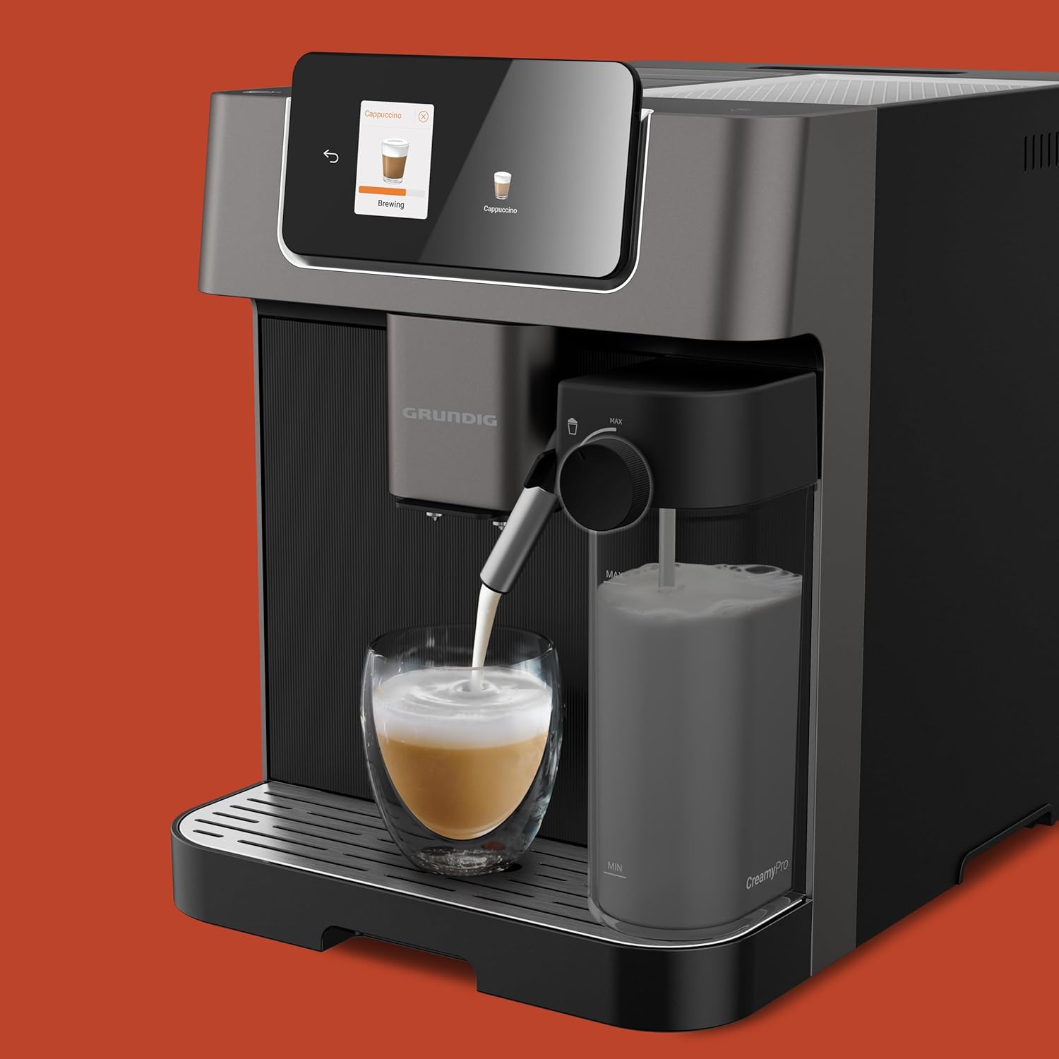 GRUNDIG KVA 7230 volautomatische koffiemachine, 10 koffiespecialiteiten, 13 maalfijnheden, melkreservoir, krachtig 1350 W, 19 bar pompdruk, dubbele uitloop, verlichting, Zwart/Donkerzilver