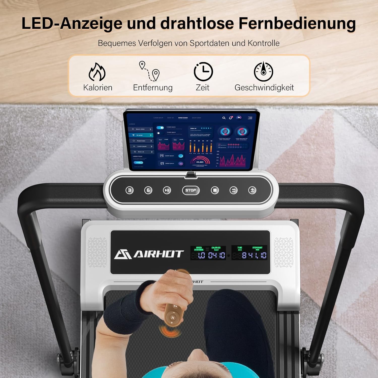 Loopband voor thuis-AIRHOT, 2,5 pk Walking Pad, loopband onder bureau met afstandsbediening en LED-display, maximale snelheid van 6 km/u OF 12 km/u. Compacte loopband voor thuis of op kantoor