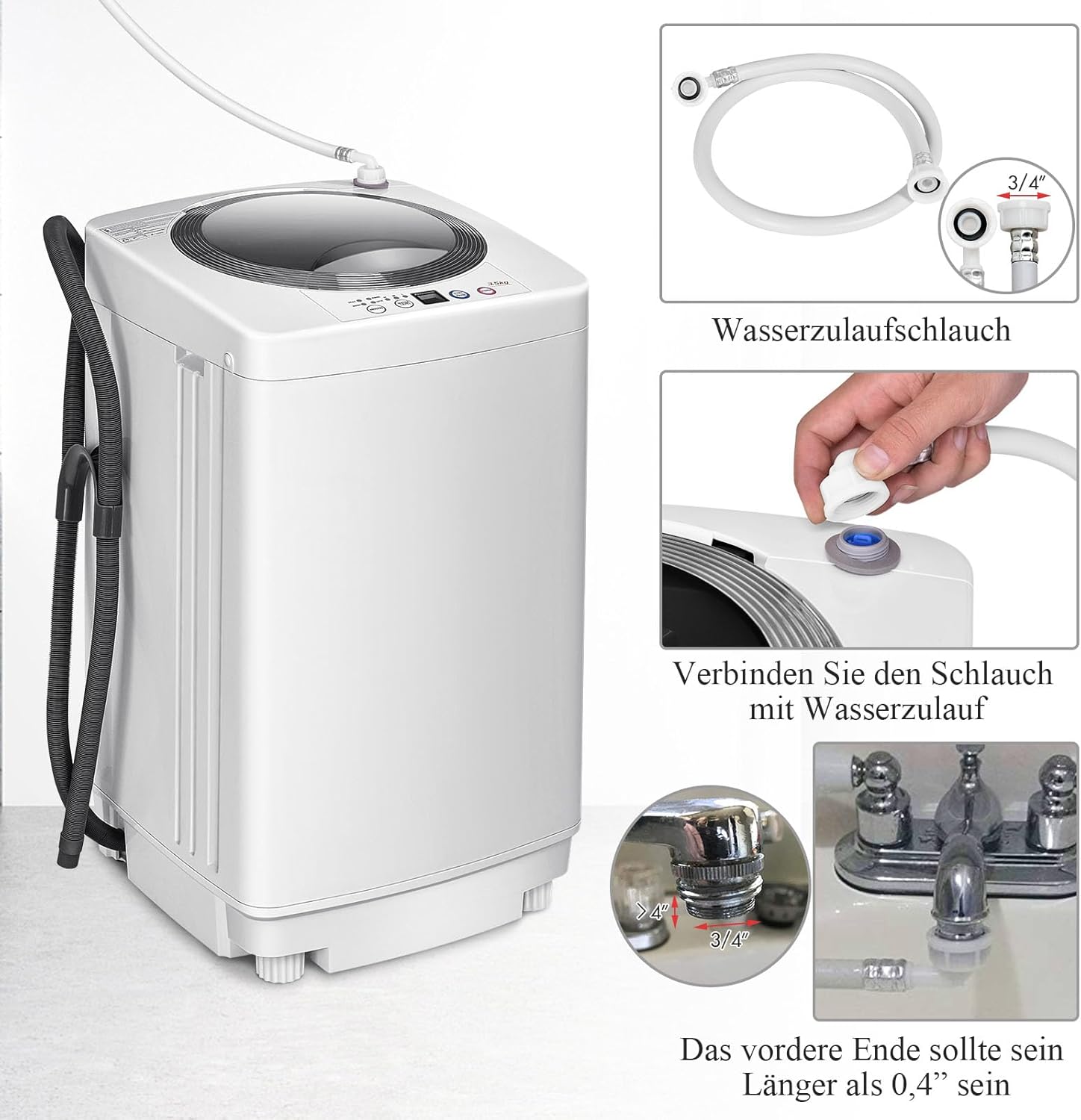 RELAX4LIFE Volautomatische Wasmachine 3,5 kg, Wasautomaat met Pomp & Display, Bovenlader Mini Wasmachine met Centrifuge & 6 Wasprogramma's, 240W, voor Camping & Camper, 43 x 43 x 75cm, Wit