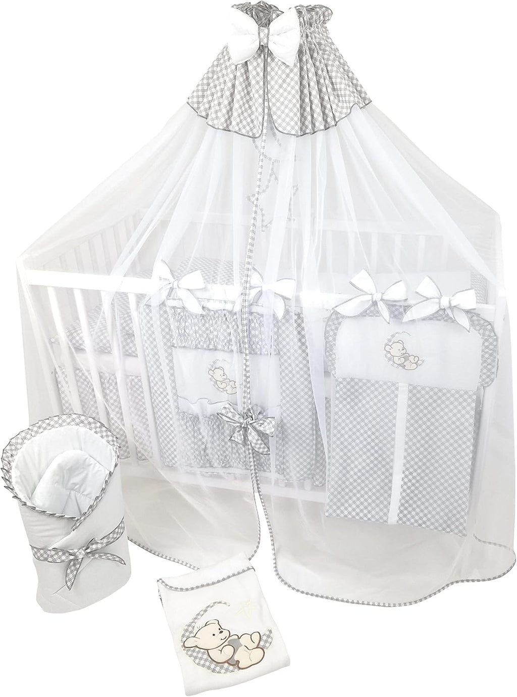Bello24 - 16-delig babybed wieg en beddengoed compleet set Happy Leo incl. matras in hoogte verstelbaar voor pasgeborenen baby's en peuters van massief hout (Grijs - Teddybeer Maan)