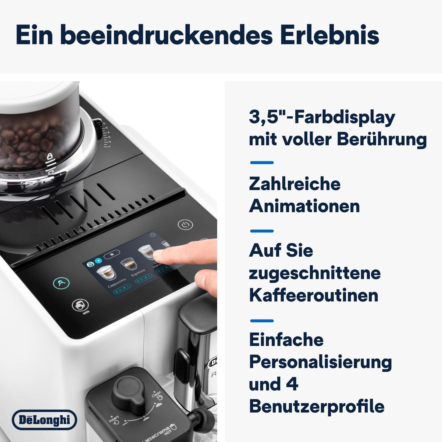 De'Longhi Rivelia EXAM440.55.W volautomatische espressomachine met LatteCrema-melksysteem, verwisselbaar bonenreservoir, 16 koffie- en melkdranken met één druk op de knop, Extra-Shot-functie, 3,5 inch touchscreen, wit