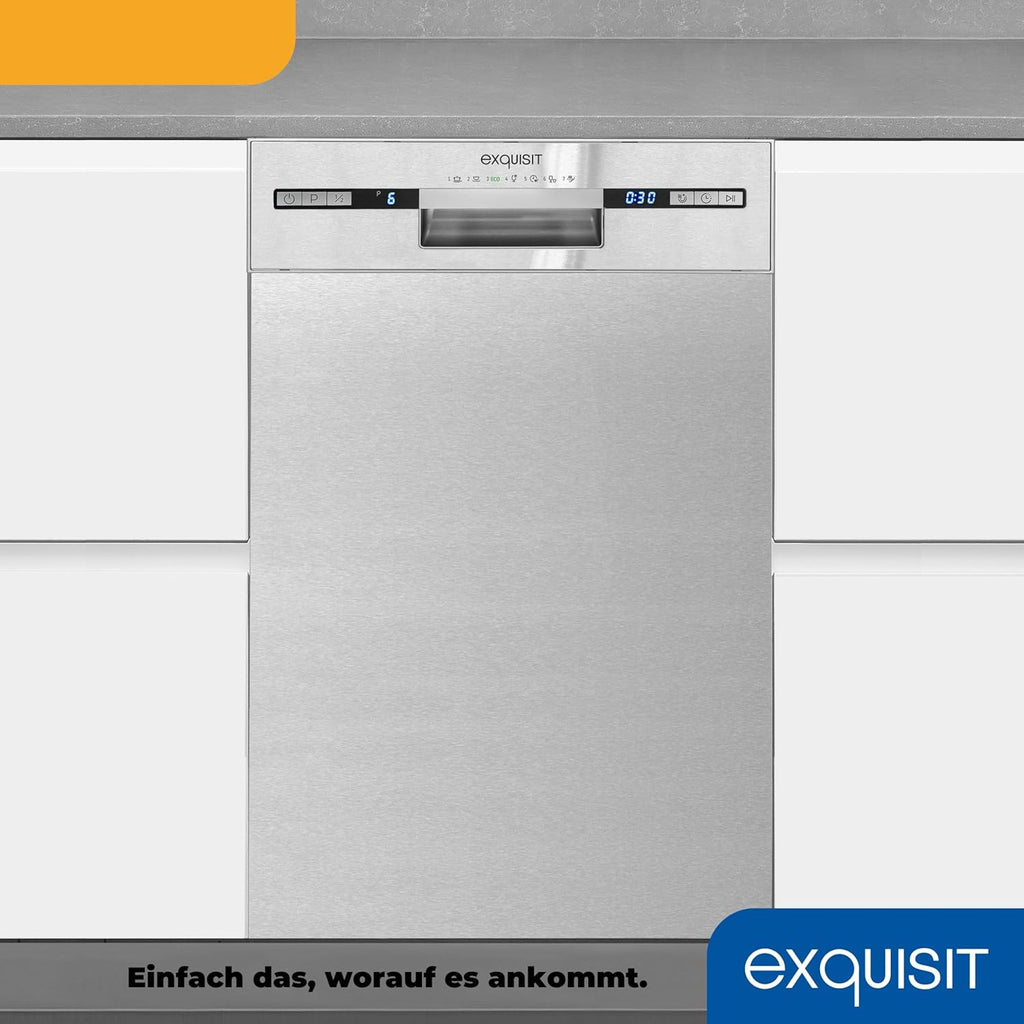 Exquisit Vaatwasser, 45 cm breedte, gedeeltelijk geïntegreerd, 9 couverts, 9 liter, startuitstel, ECO-modus, vaatwasser 45 cm, EGSP51009-EB-030E inox