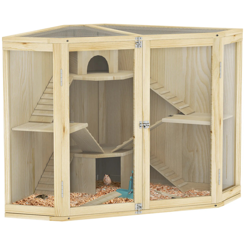 PawHut Hamsterkooi Hout 4 Verdiepingen met Accessoires en Kijkvenster