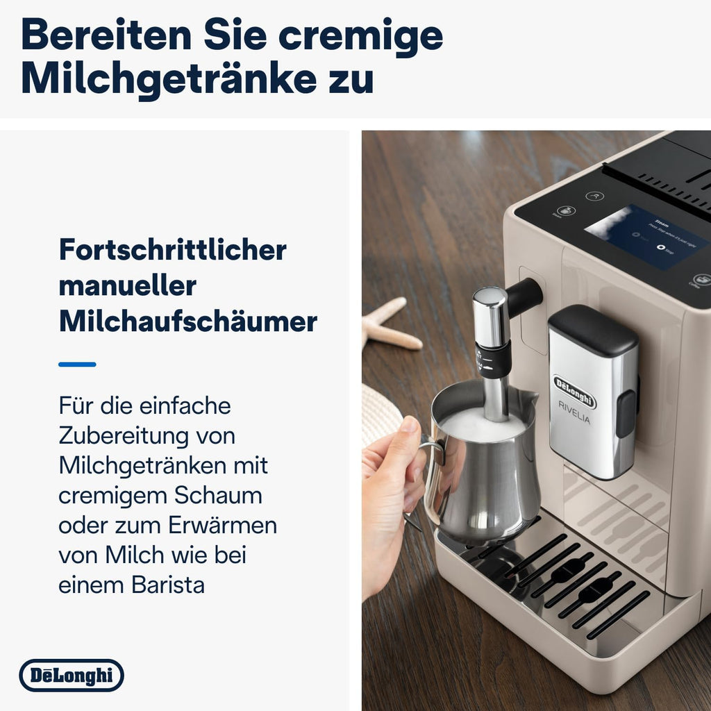 De'Longhi Rivelia EXAM440.55.W volautomatische espressomachine met LatteCrema-melksysteem, verwisselbaar bonenreservoir, 16 koffie- en melkdranken met één druk op de knop, Extra-Shot-functie, 3,5 inch touchscreen, wit