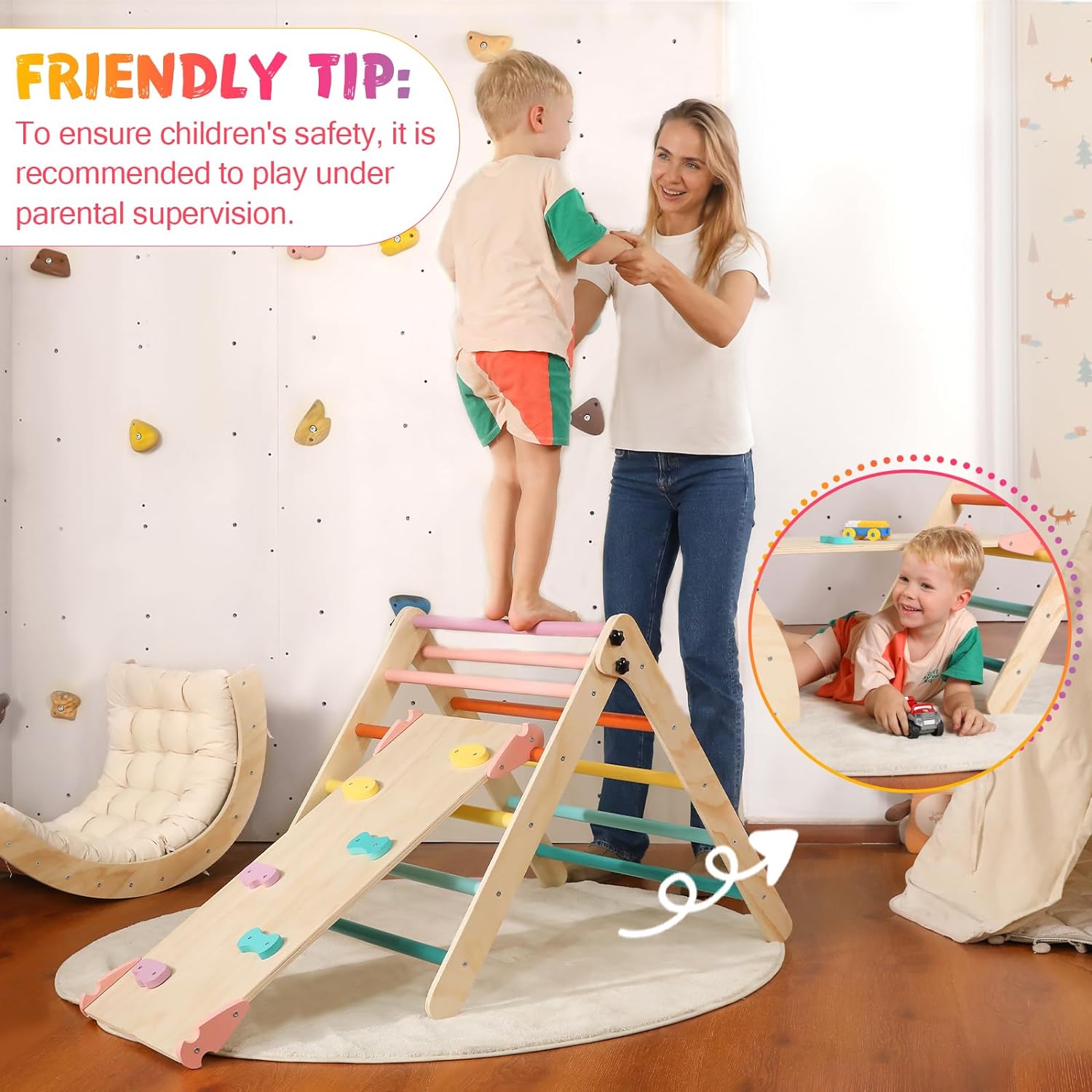 Driehoekset met kussen, 5-in-1 Montessori klimset, opvouwbaar, klim-binnenspeeltuinset voor peuters, houten klimspeelgoed met glijbaan en klimboog voor kinderen (houtkleur)