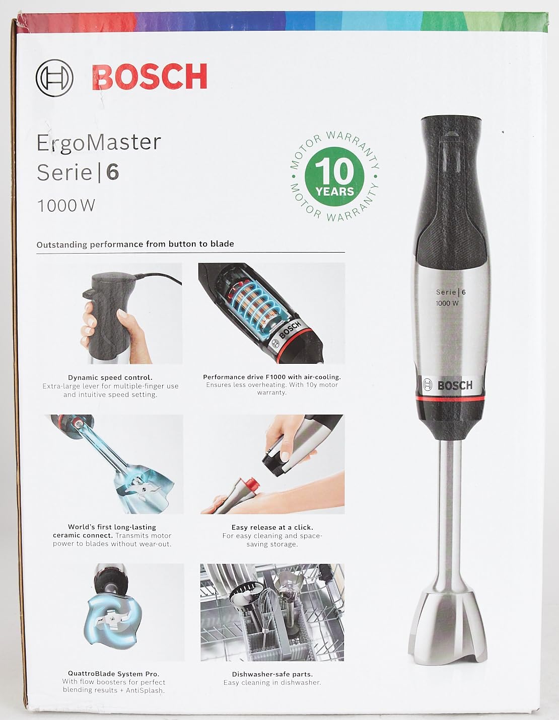 Bosch staafmixer ErgoMaster Serie 6 MSM6M673, 10 jaar motorgarantie, roestvrijstalen messen, slijtagevrije keramische koppeling, luchtkoeling, hakmolen, pureerstamper, garde, 1000 W