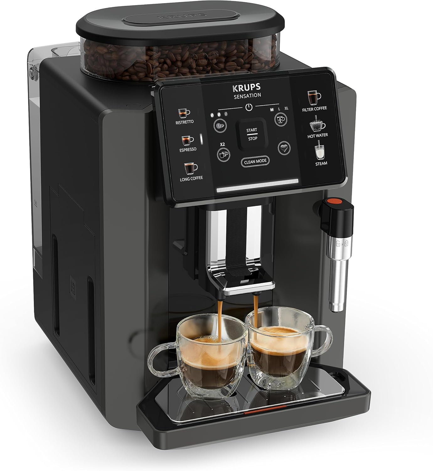 Krups Sensation volautomatische espressomachine, melkschuimmondstuk, 5 dranken, filterkoffiefunctie, 2-kopsfunctie, koffiezetapparaat, zwart, EA910810