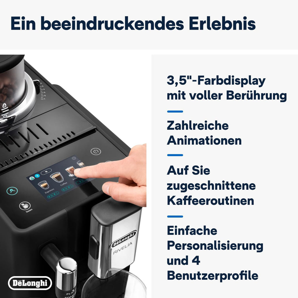 De'Longhi Rivelia EXAM440.55.W volautomatische espressomachine met LatteCrema-melksysteem, verwisselbaar bonenreservoir, 16 koffie- en melkdranken met één druk op de knop, Extra-Shot-functie, 3,5 inch touchscreen, wit
