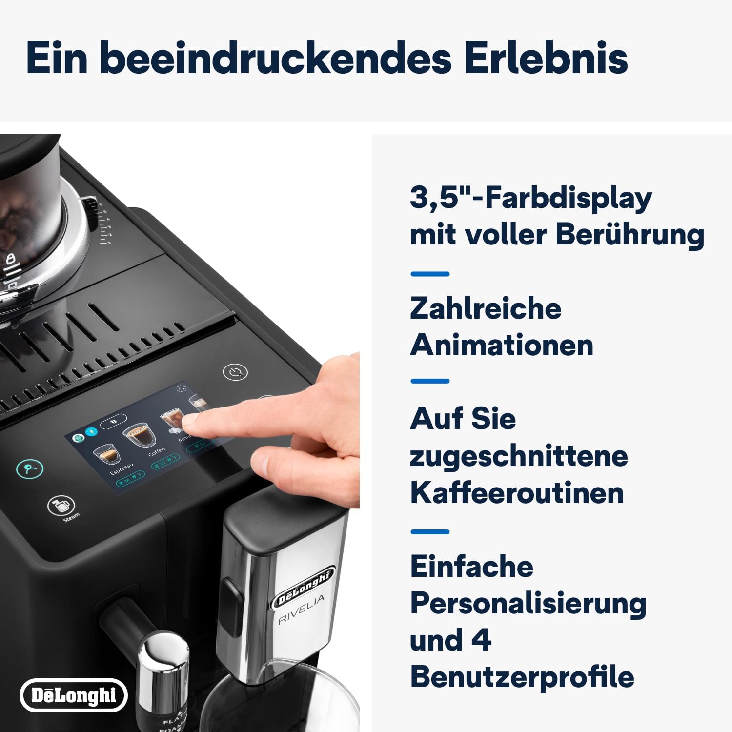 De'Longhi Rivelia EXAM440.55.W volautomatische espressomachine met LatteCrema-melksysteem, verwisselbaar bonenreservoir, 16 koffie- en melkdranken met één druk op de knop, Extra-Shot-functie, 3,5 inch touchscreen, wit