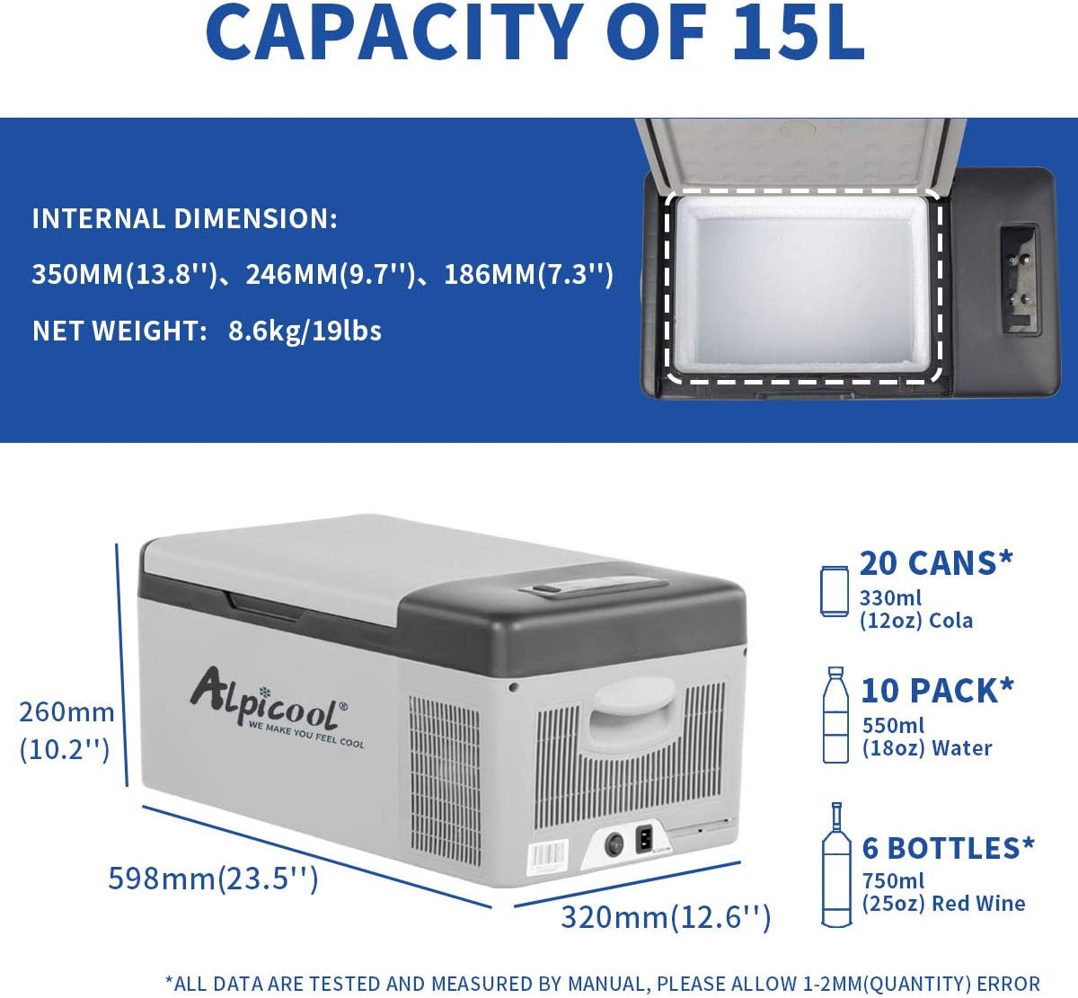 Alpicool C12 12L koelbox 12 V mini koelkast elektrische compressor auto koelkast camping vriezer kleine draagbare voor auto, vrachtwagen, boot, camper met USB-aansluiting