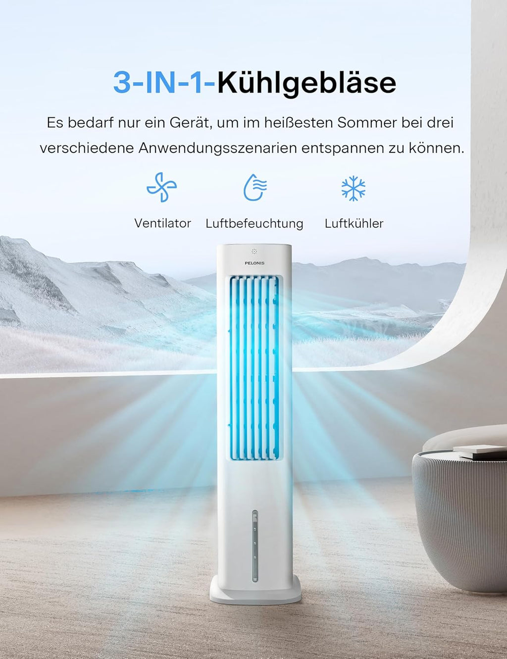 PELONIS Luchtkoeler met waterkoeling, Mobiele airconditioning, 5L Ventilator met waterkoeling, Luchtbevochtiger met afstandsbediening, 355m³/u Airconditioner zonder afvoerslang