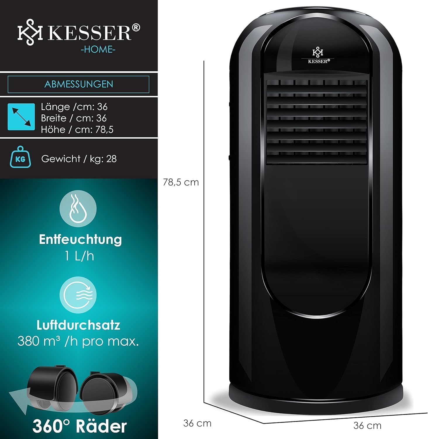 KESSER® Mobiele airconditioning Sky Tower 4-in-1 koelen, ontvochtigen, ventileren, ventilator - 9000 BTU/h (2.600 Watt) 2,7KW - Airco, afstandsbediening en timer, nachtmodus (EEK: D), Zwart