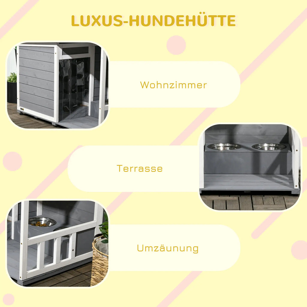 PawHut Hondenhok met overdekte veranda en voerbakken Outdoor