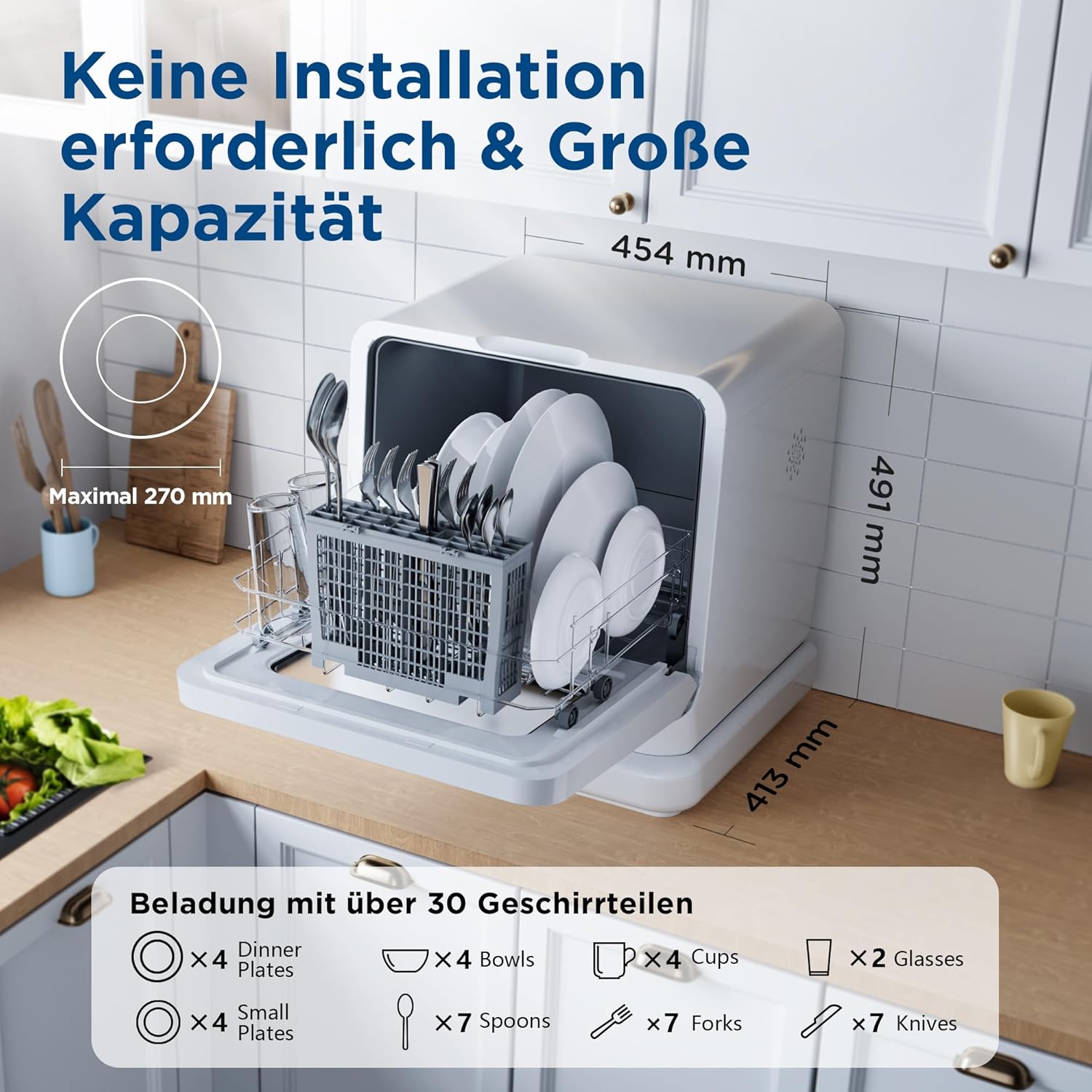 Gudsunal Tafelvaatwasser, Mini vaatwasser met 7L watertank, geen wateraansluiting, 6 programma's, 72°C hoge temperatuur hygiëne, hybride drogen & onderhoudsfunctie, kleine vaatwasser voor op de camping