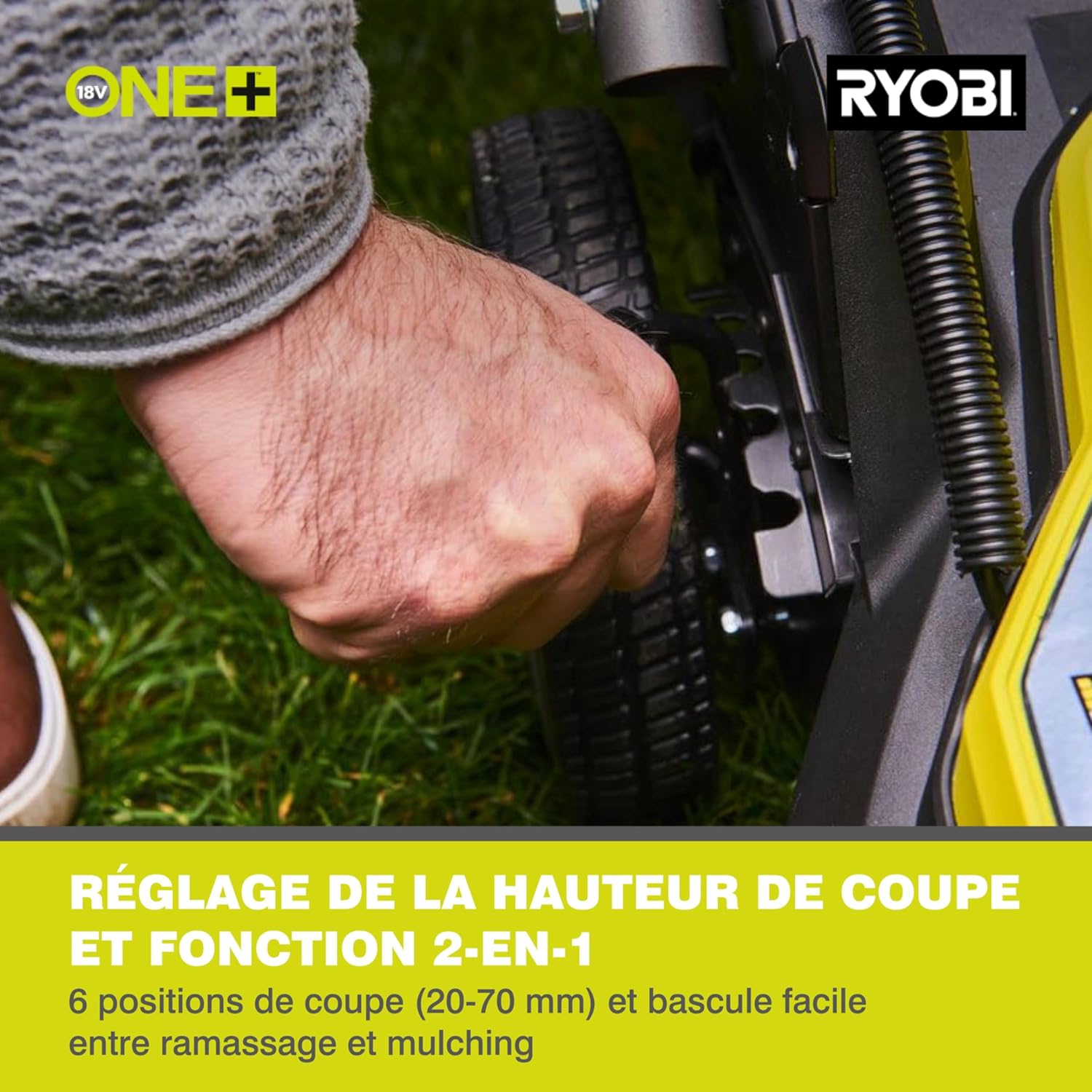 RYOBI 18 V ONE+ Accu-grasmaaier RLM18X33B40 (snijbreedte 33 cm, 5-voudige hoogteverstelling 25-65 mm, inklapbare duwbeugel, incl. mulchplug, 35l grasvangzak, 4,0Ah accu & lader)