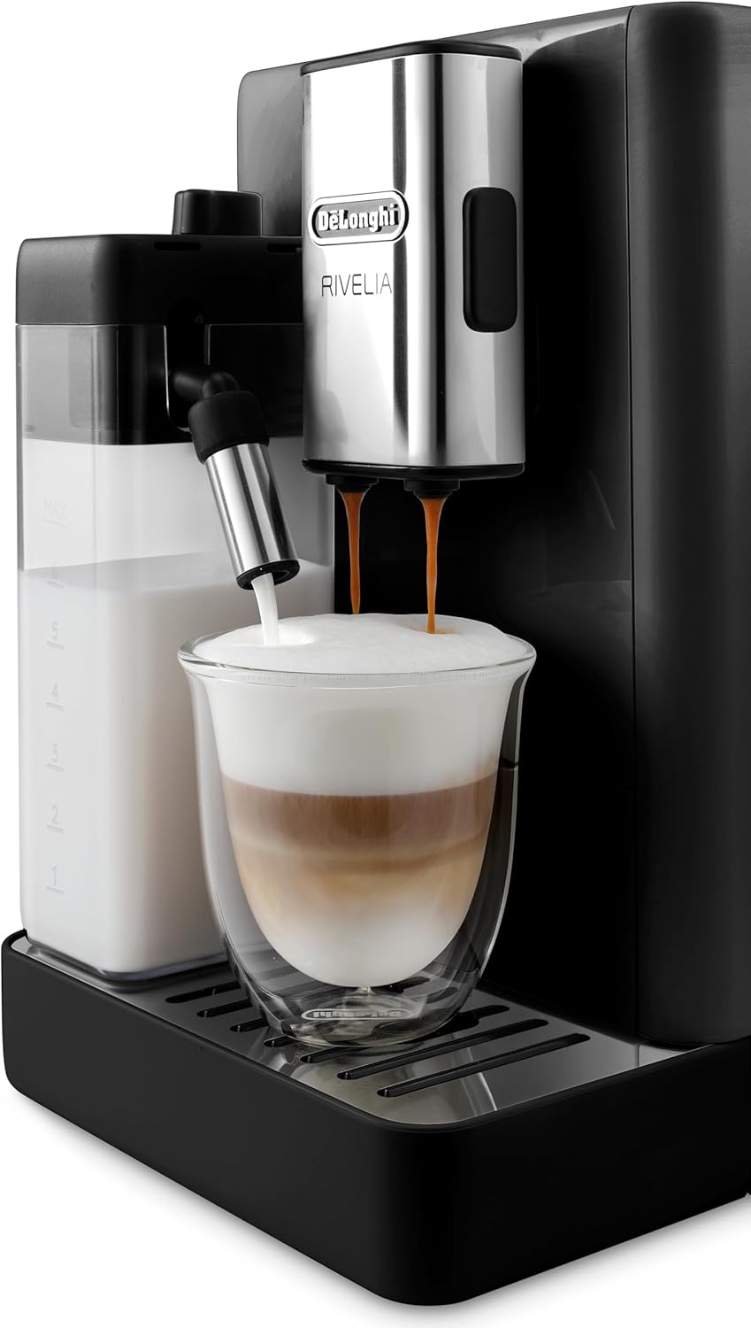 De'Longhi Rivelia EXAM440.55.W volautomatische espressomachine met LatteCrema-melksysteem, verwisselbaar bonenreservoir, 16 koffie- en melkdranken met één druk op de knop, Extra-Shot-functie, 3,5 inch touchscreen, wit