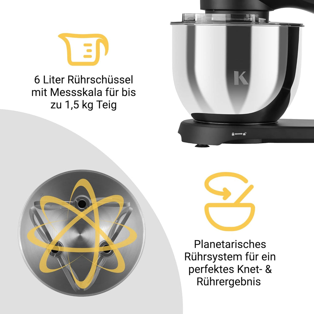 KLAMER Keukenmachine 1800W, Kneedmachine Brooddeeg met RVS Mengkom 6 L, 10 Snelheden met Timer, Planetaire Menging, Klopper, Deeghaak, Garde & Spatscherm (zwart)