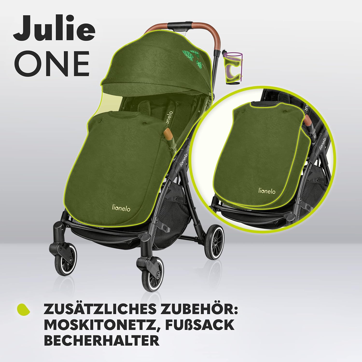 LIONELO Julie One Buggy kinderwagen tot 22 kg, verstelbare rugleuning en voetsteun, muskietennet, beenwarmers, bekerhouder en draagtas, inklapbaar