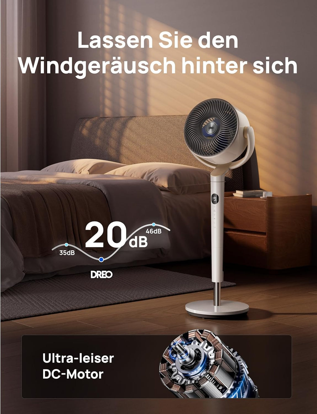 Dreo Slimme Staande Ventilator met RGB-licht, 120° +120° Oscillerende Ventilator met Afstandsbediening, 20dB Stille Vloerventilator voor Slaapkamer, 8H Timer, Zilver