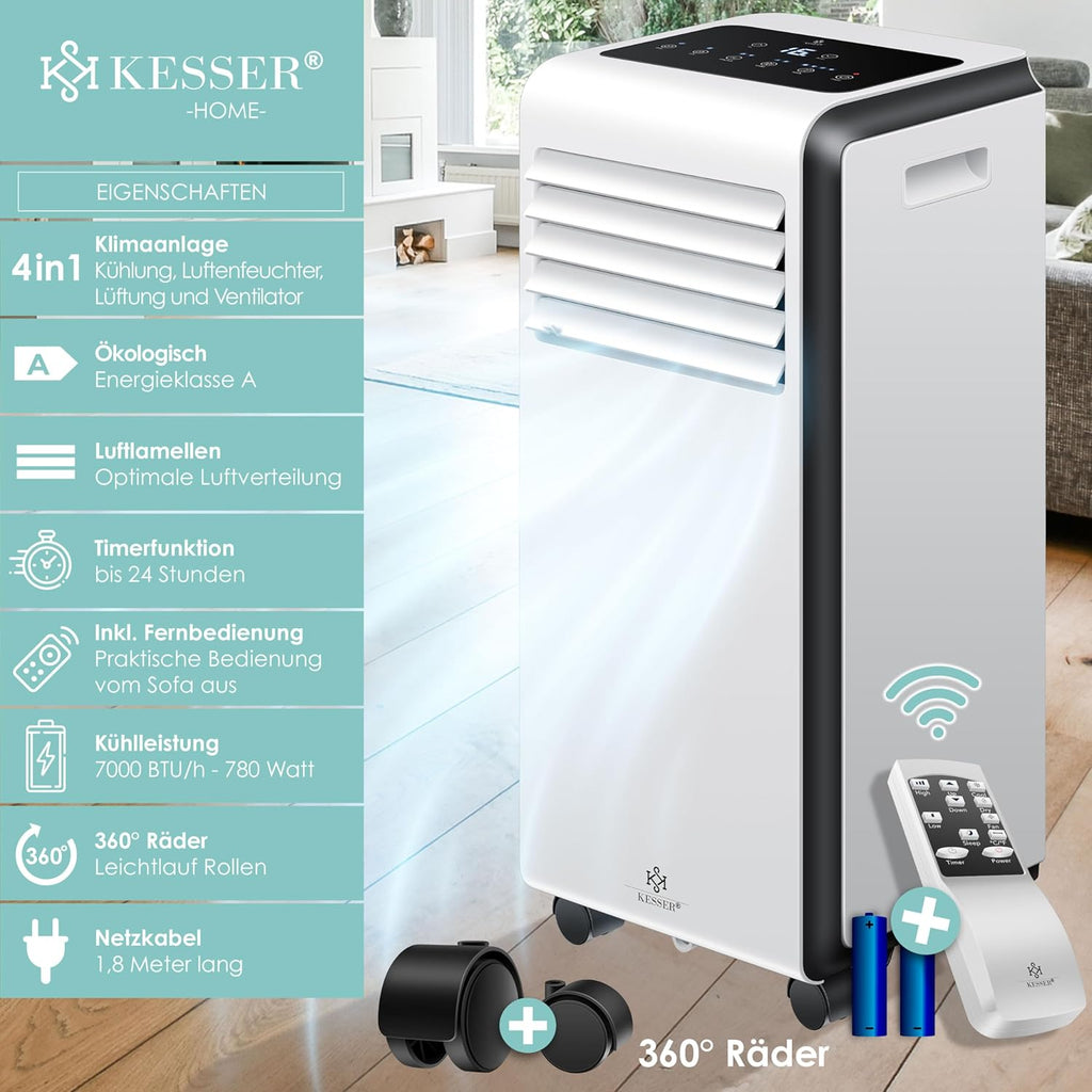 KESSER® Mobiele airco 4-in-1 koelen | Luchtontvochtiger ventileren | Ventilator 9000 BTU/u 1005W | Mobiele airconditioning met montagemateriaal, afstandsbediening & timer | Nachtmodus & 360° wielen