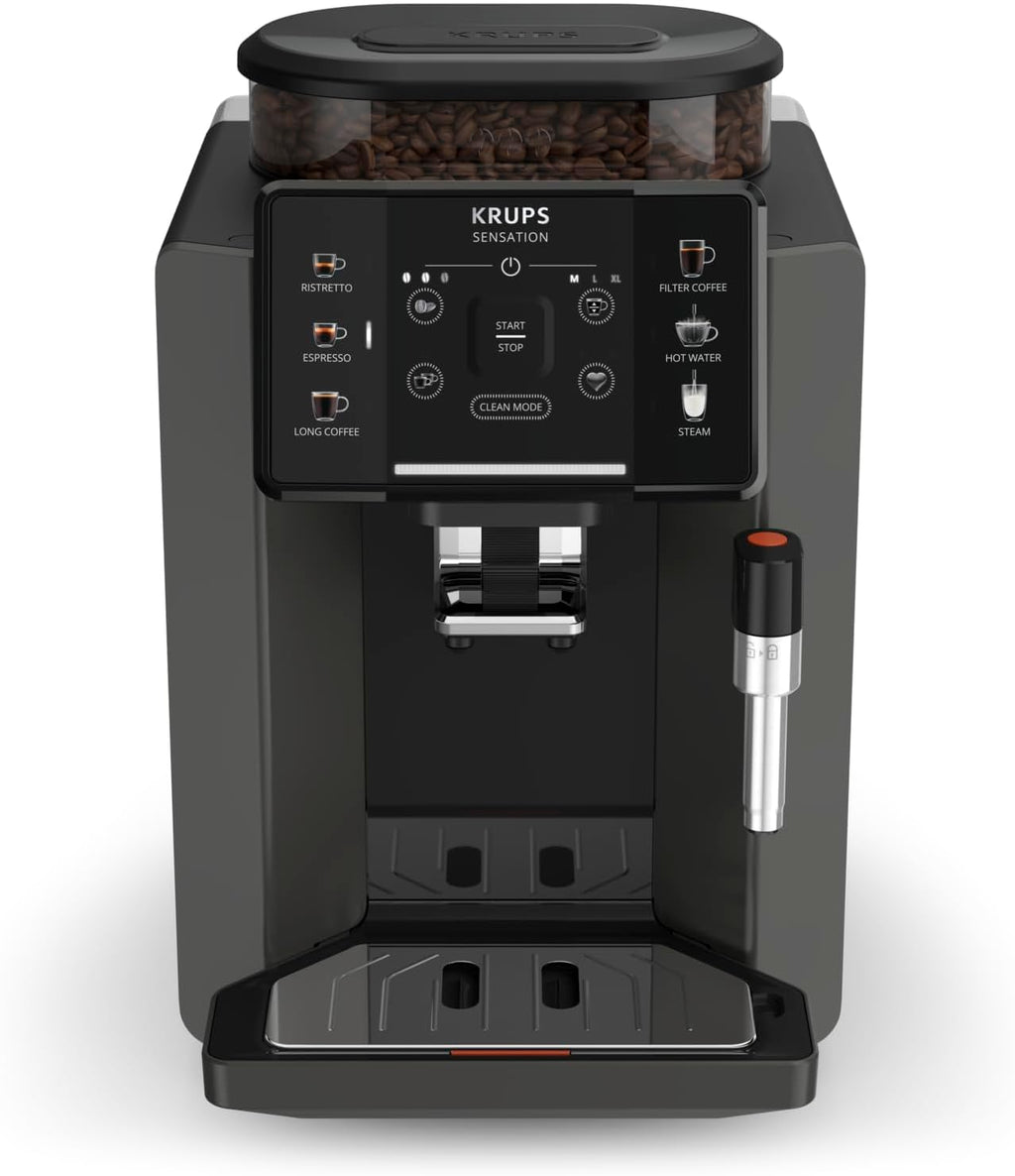 Krups Sensation volautomatische espressomachine, melkschuimmondstuk, 5 dranken, filterkoffiefunctie, 2-kopsfunctie, koffiezetapparaat, zwart, EA910810