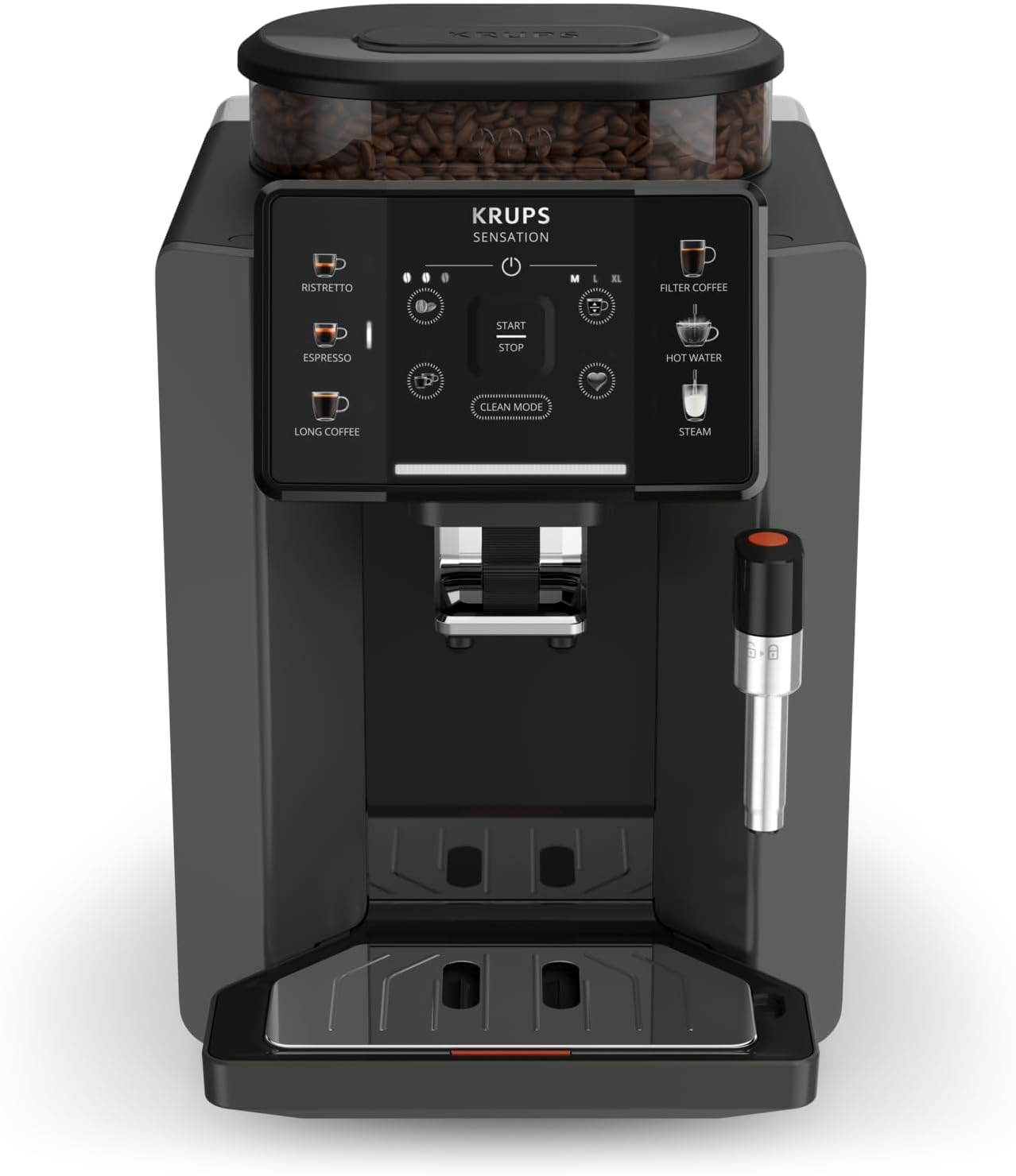 Krups Sensation volautomatische espressomachine, melkschuimmondstuk, 5 dranken, filterkoffiefunctie, 2-kopsfunctie, koffiezetapparaat, zwart, EA910810