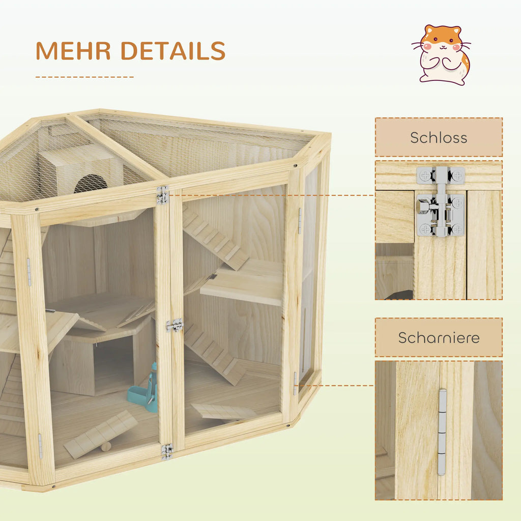 PawHut Hamsterkooi Hout 4 Verdiepingen met Accessoires en Kijkvenster